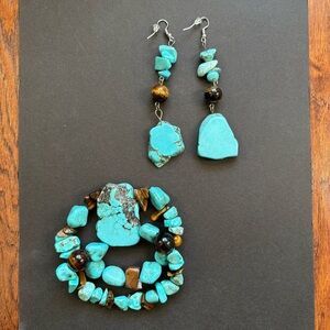ReMixed Chunky Turquoise Bracelet & Tiger’s Eye Dangle Earrings Set | 114g